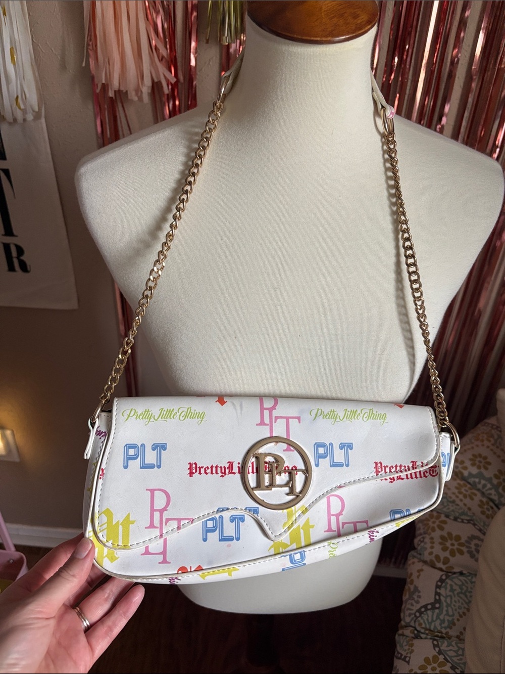 PrettyLittleThing White Shoulder Bag with Multicolor Logo Print & Gold Chain
